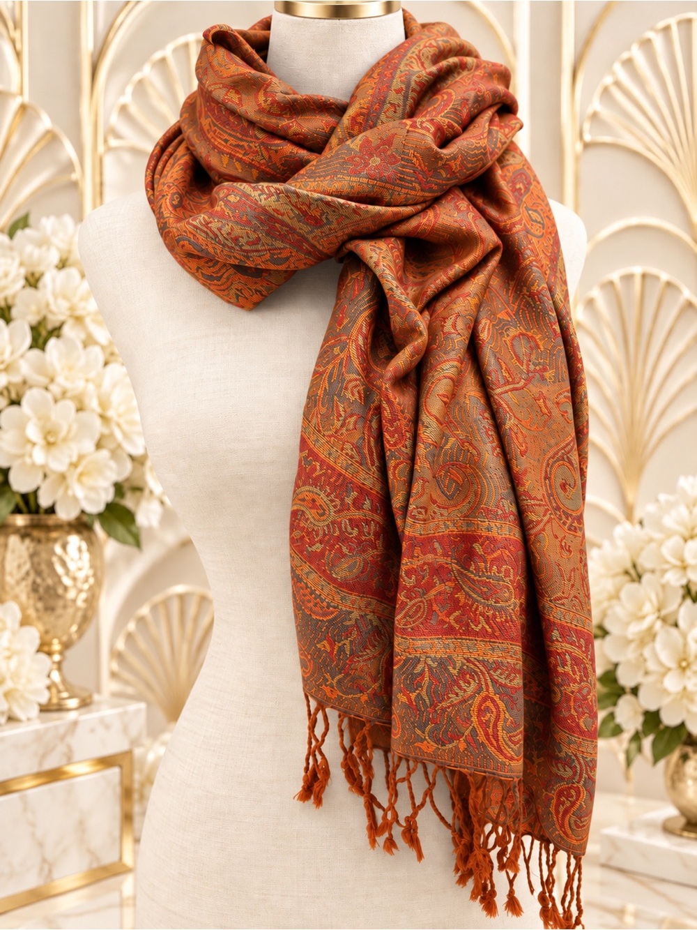 🆕🔥Elegant Cinnamon Pashmina Paisley Fringe Scarf -